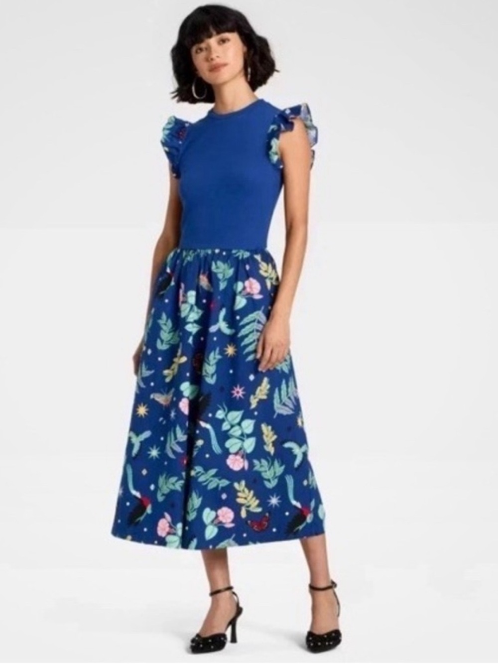 Latino Heritage Month Women's Ruffle Sleeve Midi A-Line Dress Dark Blue Floral L
